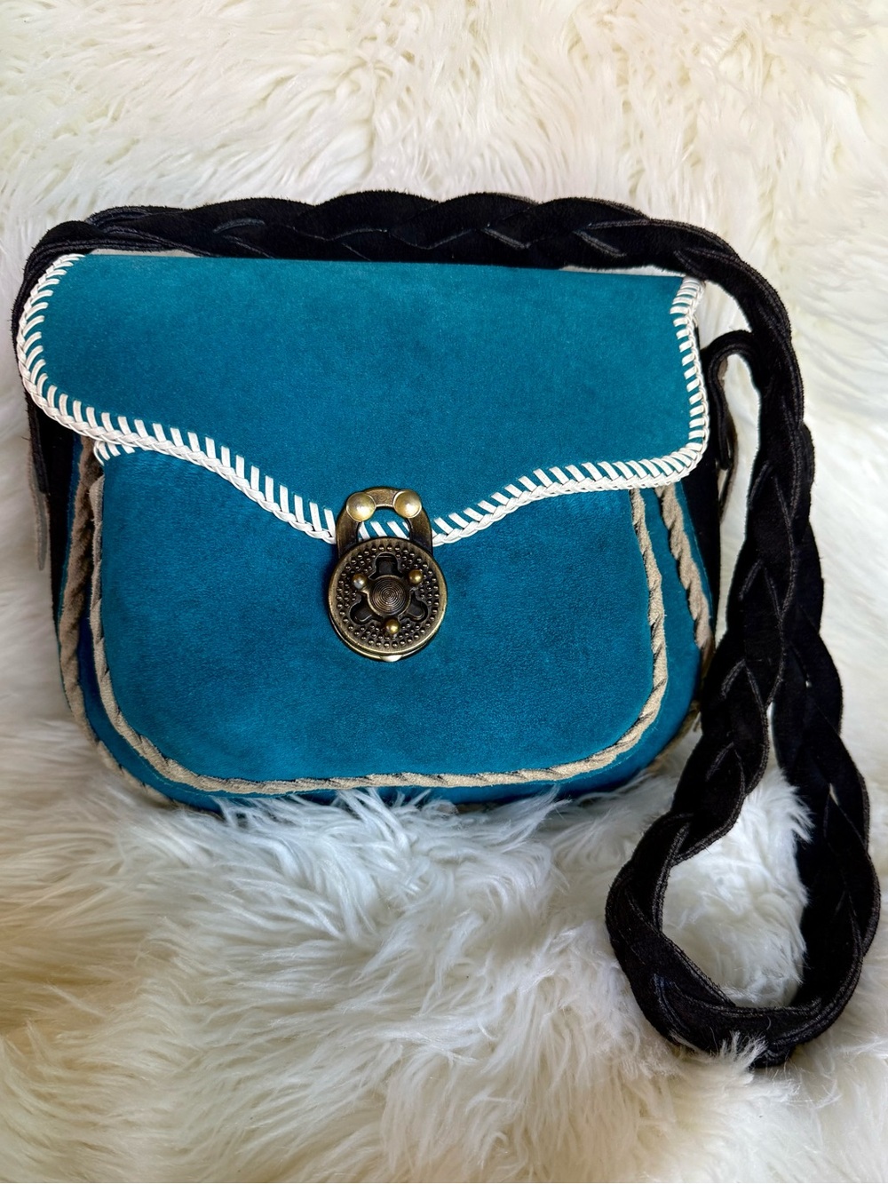 Rare Vintage Turquoise and Black Suede Boho Shoulder Bag